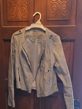 Light Gray Quilted Moto Leather Jacket for Women